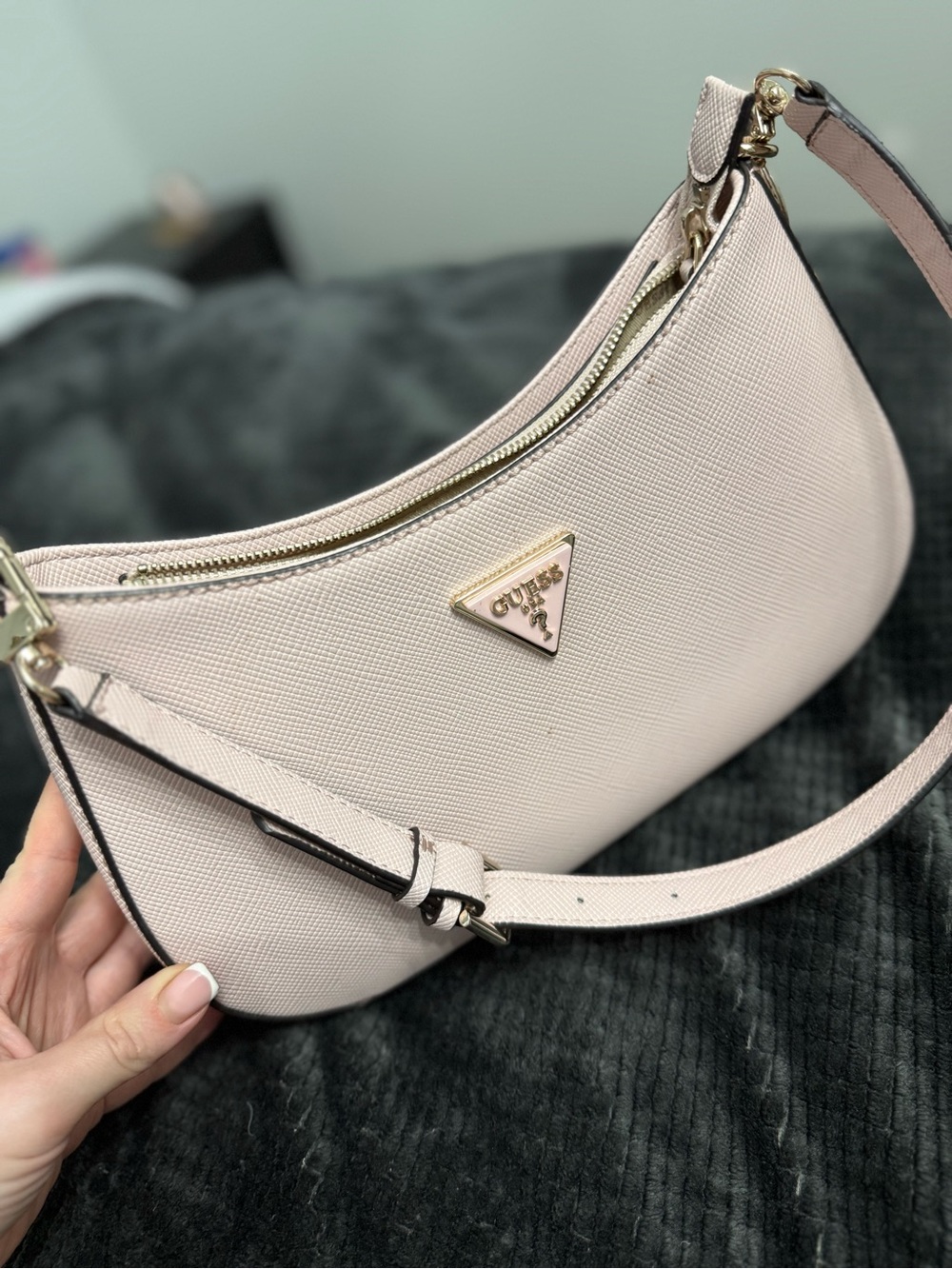 GUESS Pale Pink Saffiano Shoulder Hobo with Gold Hardware